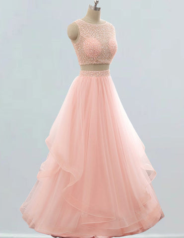 Elegant pink beaded prom gown with rhinestone boat neck for girls1