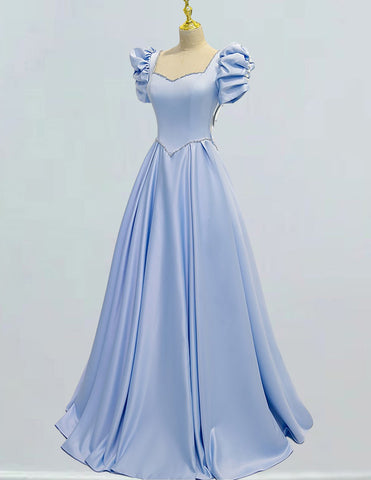 Elegant blue satin prom gown with pearl and rhinestone detail for girls' formal events1