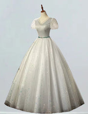 Plus Size Silver Gray Sparkle Tulle Evening Gown V-Neck Prom Bridesmaid Dress