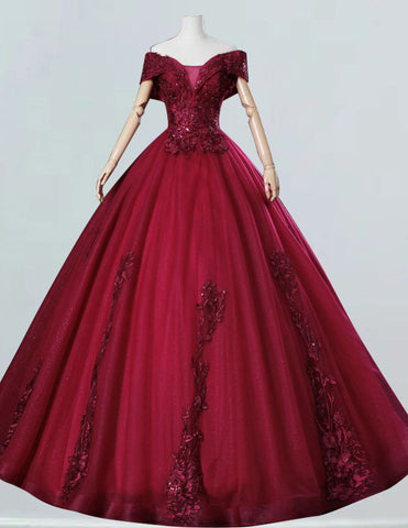 Elegant burgundy off-shoulder lace applique evening ball gown for girls