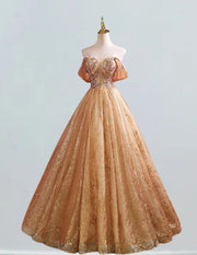 Gold lace applique sparkle ball gown prom dress strapless beaded long floor length ball gown wedding dress