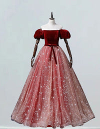 Elegant burgundy velvet off-shoulder ball gown with sparkle tulle for girls' formal events, including prom and bridesmaid dresses2