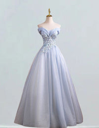 Blue off the shoulder lace applique long prom dress with sparkle tulle, suitable for weddings and evening events0
