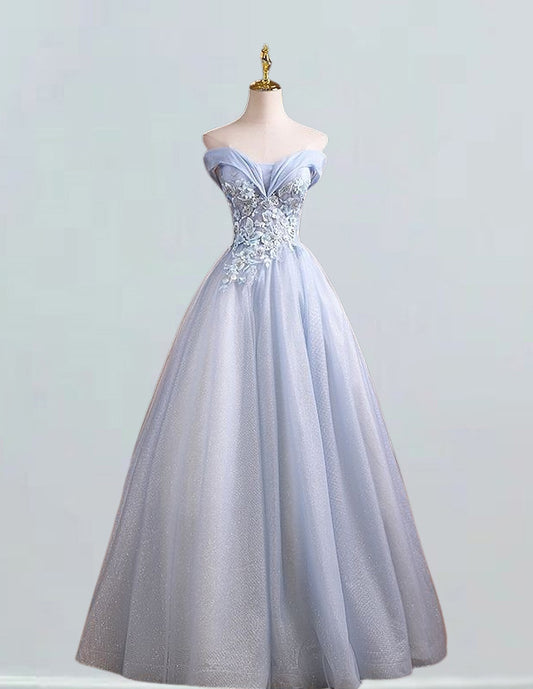 Blue off the shoulder lace applique long prom dress with sparkle tulle, suitable for weddings and evening events0 VIMYES