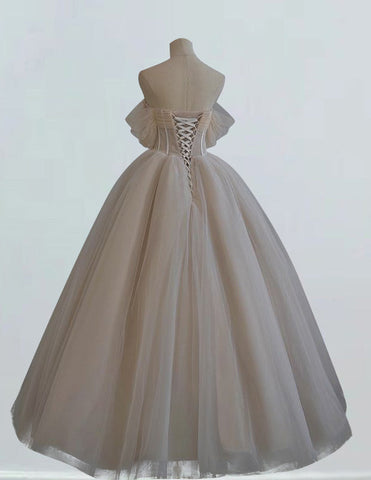 Champagne off the shoulder pleated beading short sleeve ball gown with ruffles and long tulle for prom or evening party2