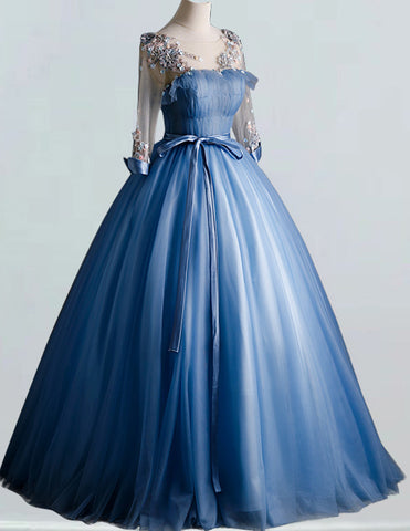 Blue pleated lace applique scoop long tulle ball gown for girls, perfect for prom, weddings, and formal events3