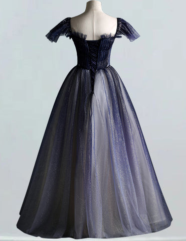 Elegant navy blue tulle V-neck evening and prom gown with beads for girls2