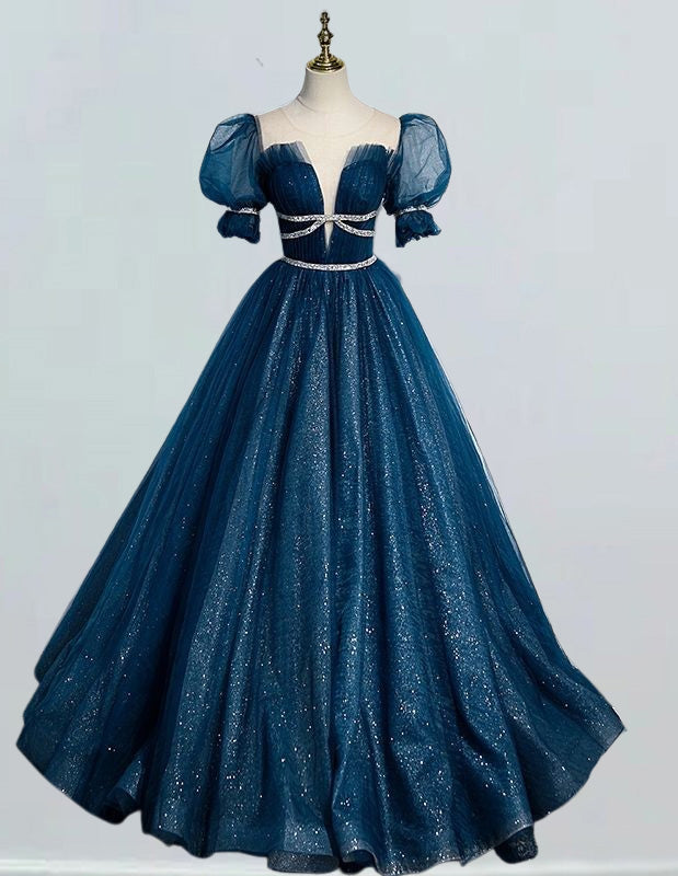 Elegant indigo blue sparkle tulle ball gown for girls, perfect for prom, bridesmaid, and formal evening events2