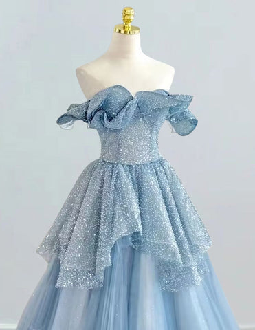 Elegant blue strapless sequin tulle prom and evening gown for girls