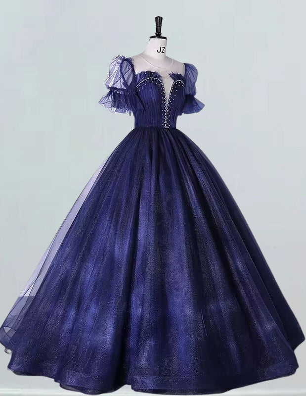 Elegant navy tulle ball gown prom dress with beading and sleeves for girls1