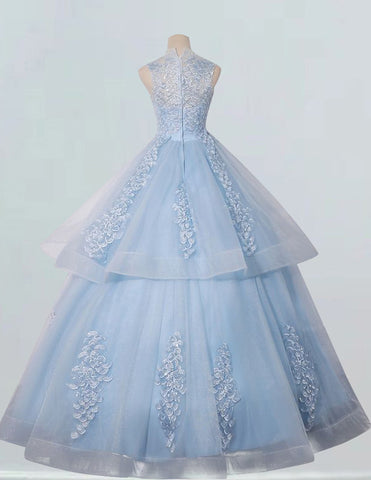 Elegant blue tulle ball gown with boat neck lace applique for evening events, featuring a variety of styles including prom and bridesmaid dresses, off shoulder, corset, and modest evening gowns1