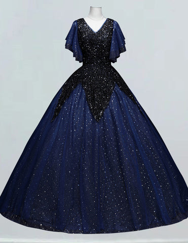 Dark navy v-neck velvet sparkle long tulle ball gown for prom with elegant off-shoulder sleeves and modest corset design1