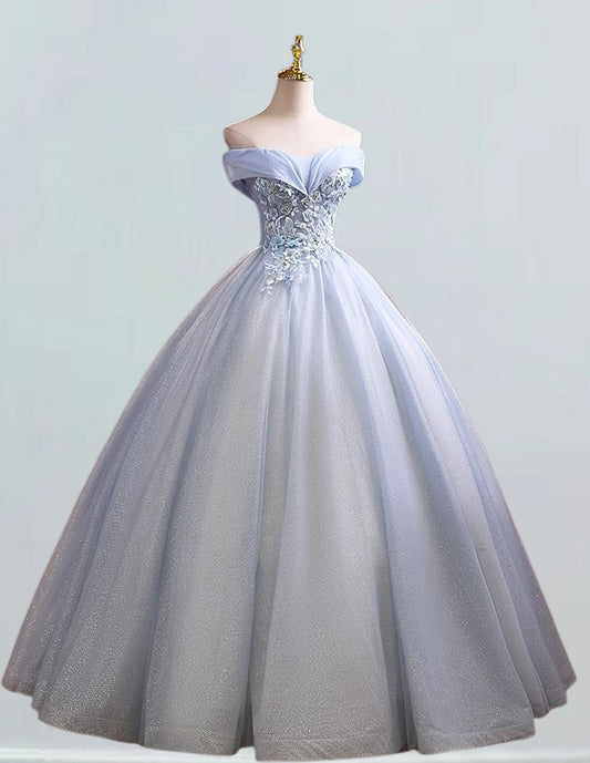 Blue off the shoulder lace applique long prom dress with sparkle tulle, suitable for weddings and evening events2 VIMYES