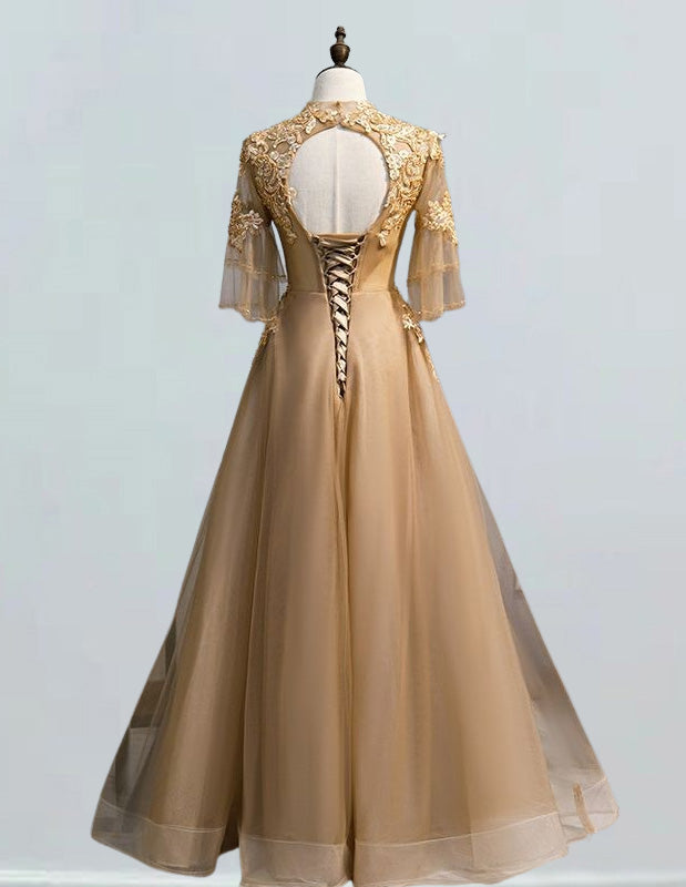 Elegant gold tulle beaded prom dress with square collar for girls, perfect for formal events and evening parties2