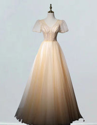 Elegant beaded V-neck evening gown with short sleeves for girls, perfect for prom, bridesmaid, and formal occasions