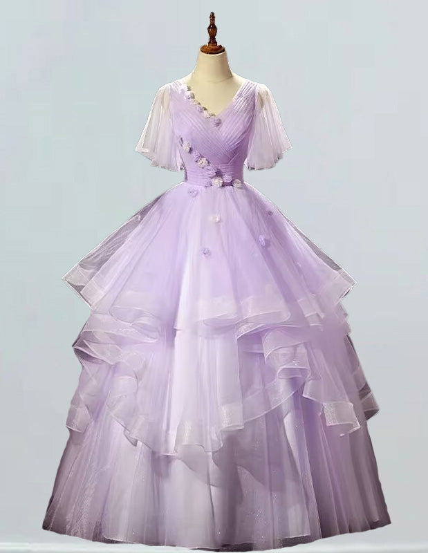 Lavender V-Neck Prom Dress with Pleated Floral Design | Girls' Elegant Evening Gown3