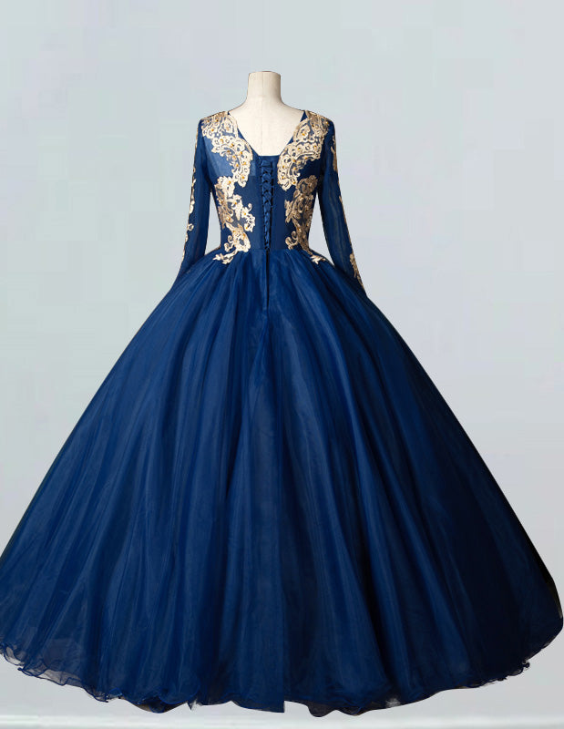 Navy long sleeve bride gown plus size wedding dress gown dark blue pri