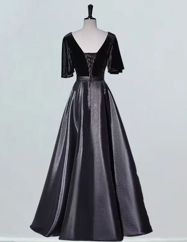 Black V-neck velvet satin prom gown with beaded short sleeves, floor-length evening dress for formal parties2