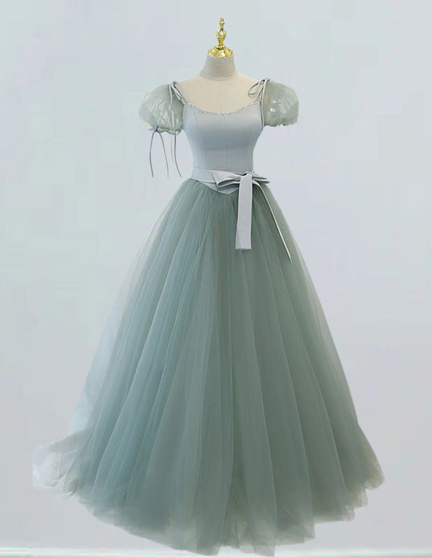 Mint green cap sleeve floor length tulle prom dress for girls, elegant evening party gown with off shoulder and corset features2