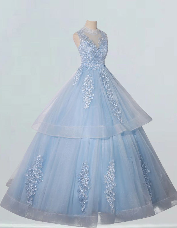 Elegant blue tulle ball gown with boat neck lace applique for evening events, featuring a variety of styles including prom and bridesmaid dresses, off shoulder, corset, and modest evening gowns0