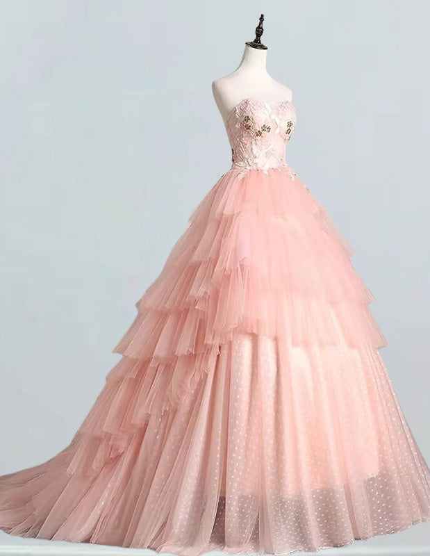 Pink strapless lace applique layered tulle fairy ball gown for girls' prom and formal events2