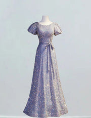 Women's Elegant Grey Sequin Prom Dress | Scoop Neck, Short Sleeve Evening Gown