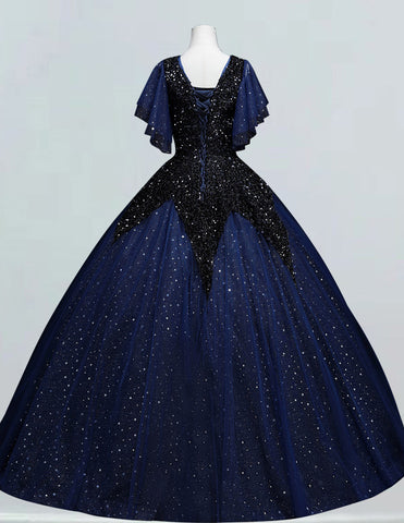 Dark navy v-neck velvet sparkle long tulle ball gown for prom with elegant off-shoulder sleeves and modest corset design0