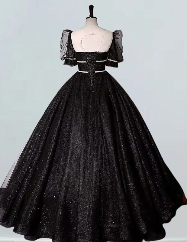 Off the shoulder black sparkle tulle ball gown for prom with pleated floor-length skirt and long evening dress style0