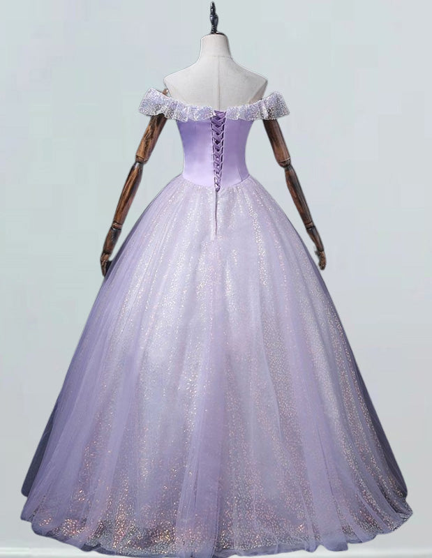 Lavender off the shoulder sparkle tulle ball gown for prom with elegant and aesthetic design0