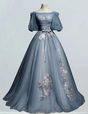 Airy blue a line off the shoulder lace applique bridal ball gown short sleeve evening prom party dress