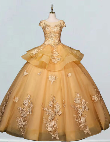 Elegant gold lace applique tulle ball gown for girls, perfect for prom and evening events2