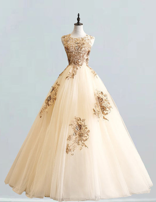 Elegant gold tulle prom dress with scoop neck, perfect for evening events and formal occasions1 VIMYES