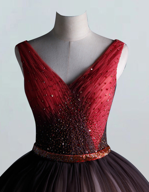 Elegant red beaded V-neck evening gown for girls, perfect for prom and formal events3