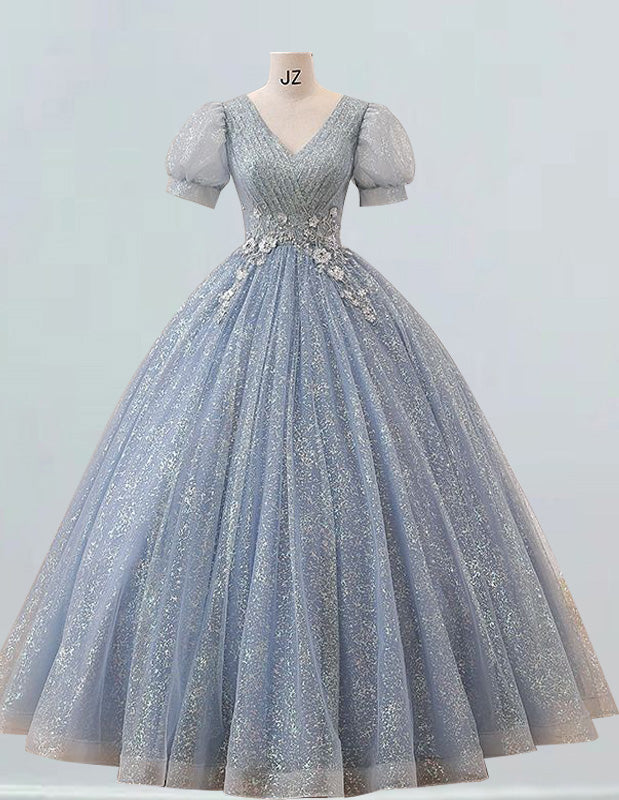 Grey blue v-neck lace ball gown with short sleeves for wedding party, princess style evening dress3