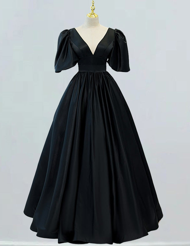 Black V-neck short sleeve floor-length long satin ball gown for prom, elegant and modest evening dress with off-shoulder and corset features, perfect for formal events and princess parties2