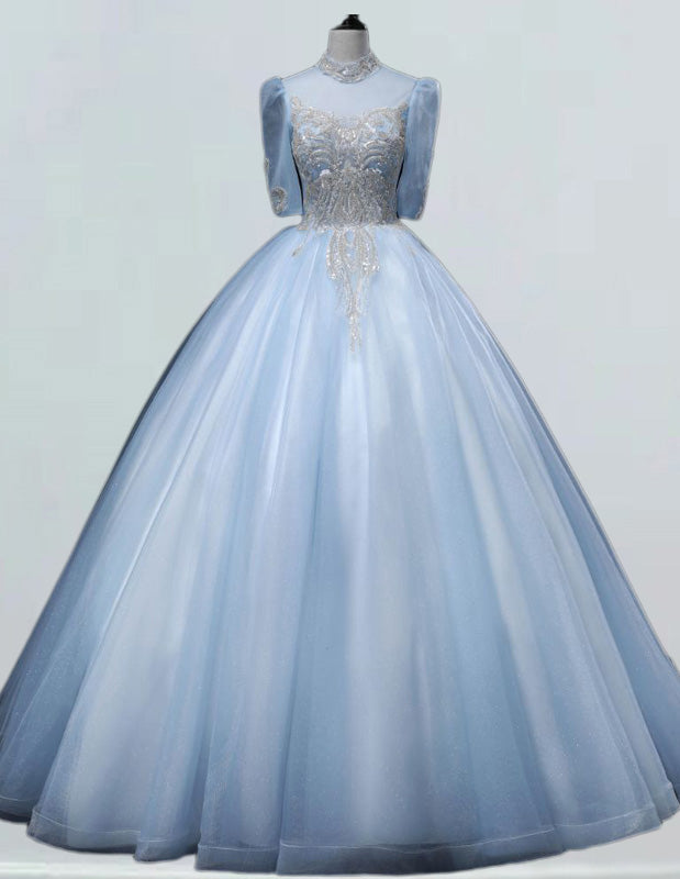 Elegant light blue rhinestone ball gown for girls' prom and bridal events