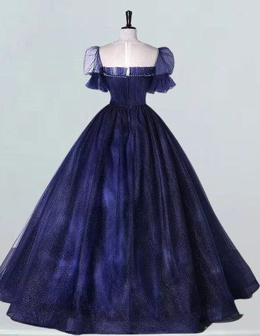 Elegant navy tulle ball gown prom dress with beading and sleeves for girls0