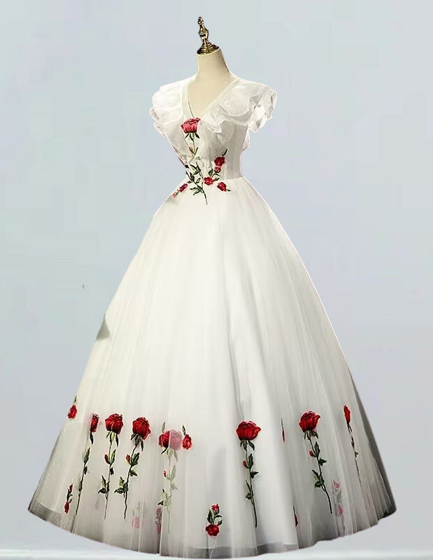 Elegant ivory lace V-neck evening gown for girls, perfect for prom and bridesmaid occasions3