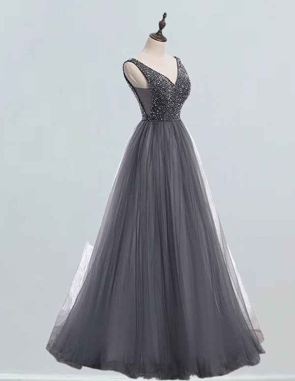 Gray V-neck tulle prom dress with crystal beading and lace-up back