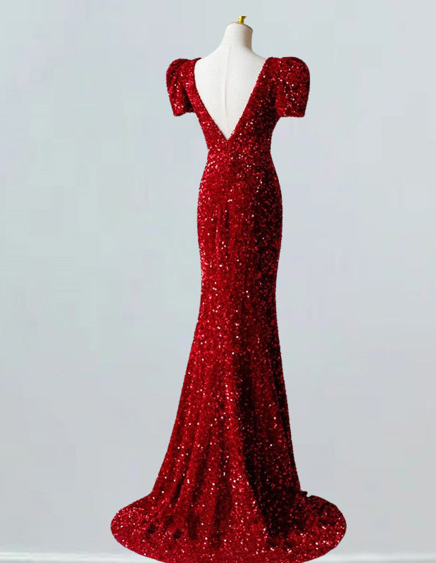 Burgundy velvet sequin prom gown with train, elegant evening dress for girls1