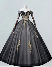 Black off the shoulder princess ball gown gold lace applique evening gown