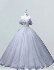 Silver off the shoulder long prom dress ball gown beaded lace fluffy princess party dress long wedding dress