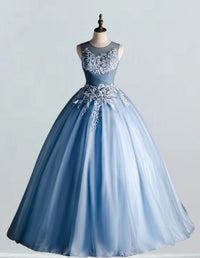 Elegant blue lace beaded girls' ball gown with sleeves for prom and evening events0