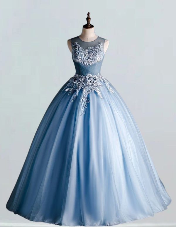 Elegant blue lace beaded girls' ball gown with sleeves for prom and evening events0