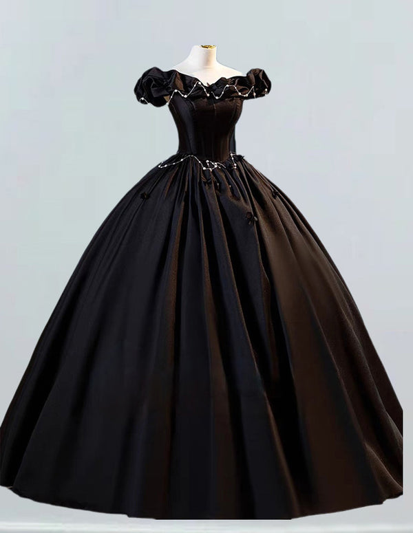 Black off the shoulder satin long ball gown wedding bridal gown