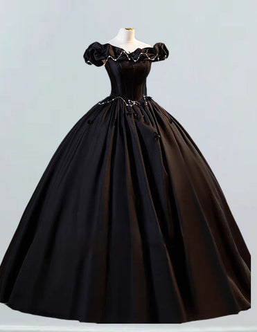 Black off the shoulder satin long ball gown wedding bridal gown