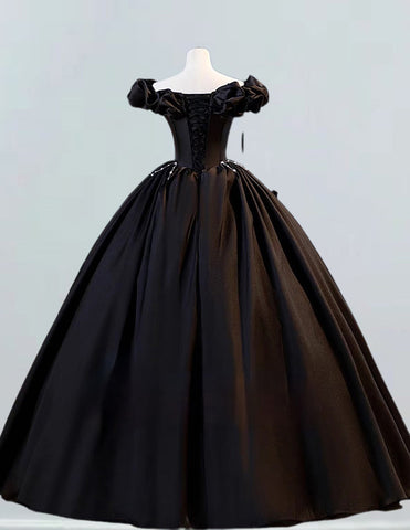 Black off the shoulder satin long ball gown wedding bridal gown