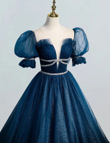 Elegant indigo blue sparkle tulle ball gown for girls, perfect for prom, bridesmaid, and formal evening events0