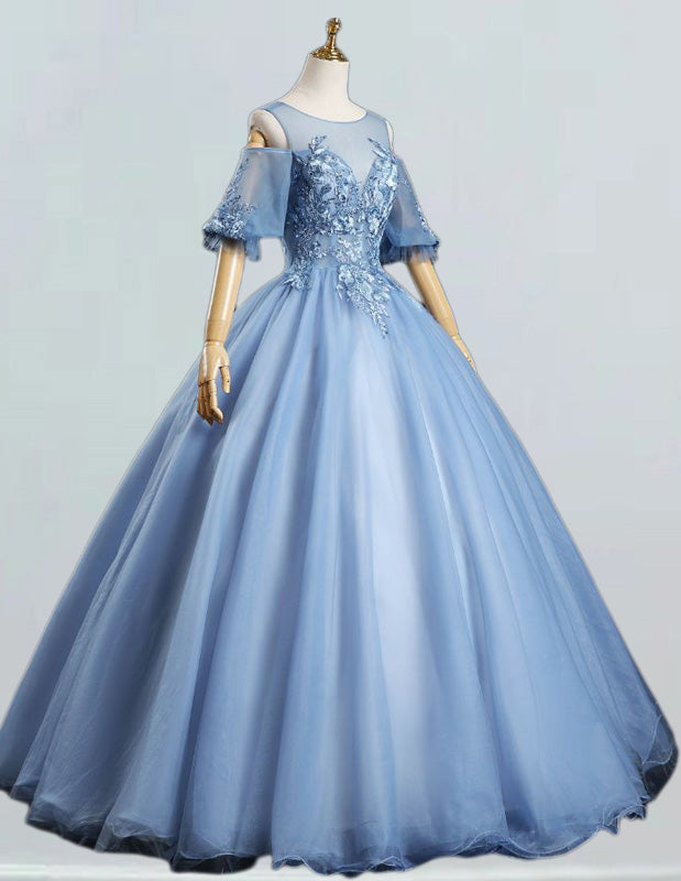 Elegant blue tulle Quinceanera dress with lace applique and sleeves for girls' formal events, including prom and bridesmaid occasions1