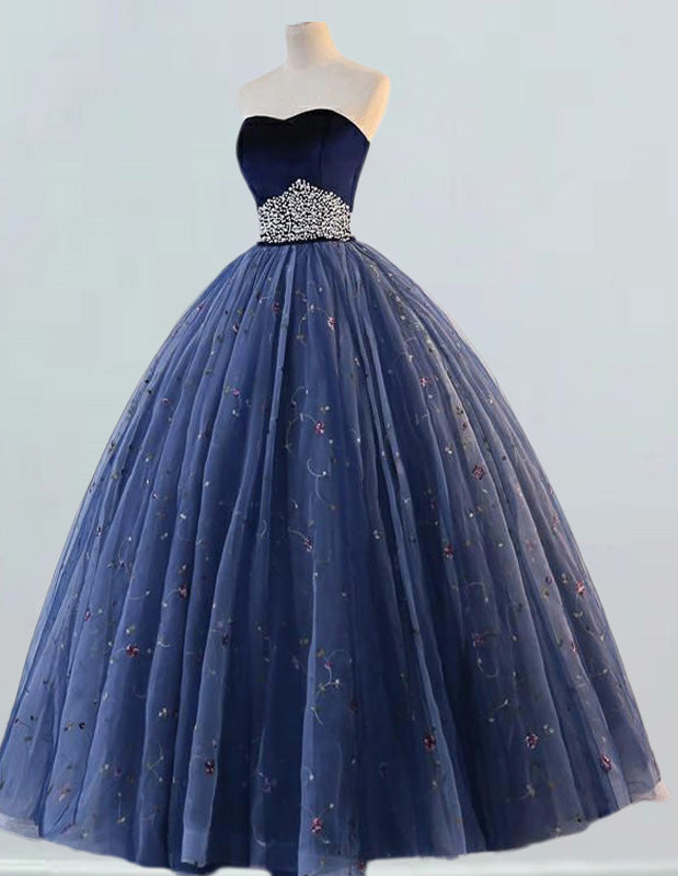 Elegant navy velvet strapless ball gown with pearl embellishments for prom or formal events2